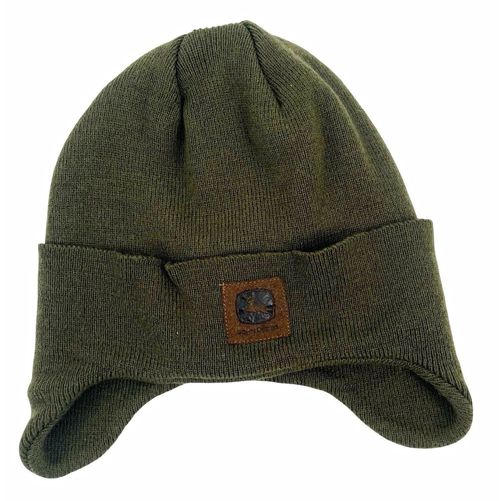 John Deere Olive Green Ear Flap Beanie Knit Winter Hat Logo Patch Workwear